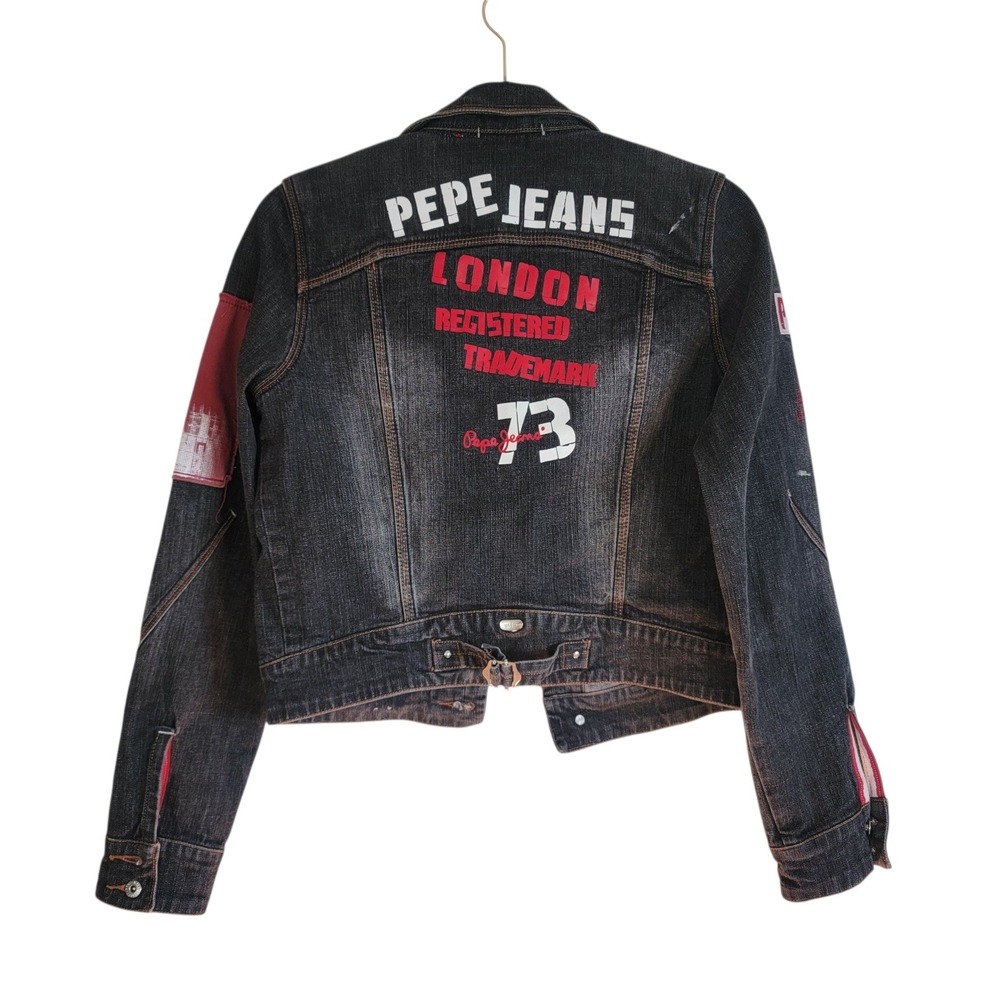 Pepe Jeans London Mens Distressed Denim Jacket Black Punk Graphic Patches Size M